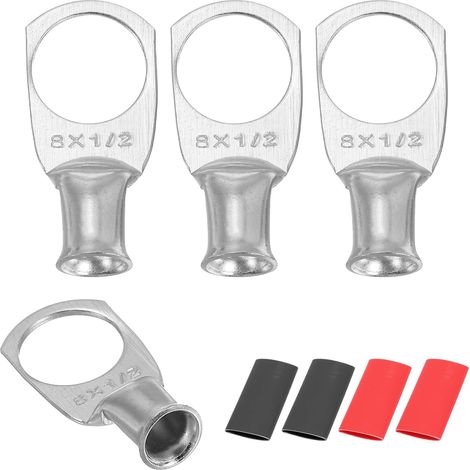 4pcs 8 AWG M12 Bornes De Batterie À Anneau, 1/2" 12mm Connecteur De Fil À Sertir En Cuivre, Gainage Thermorétractable 2:1, Argent (1/5)