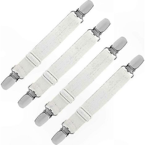 Set aus 4 verstellbaren elastischen Bändern zur Befestigung von Spannbettlaken, Sofabezügen und Bügelbrettbezügen, weiß, universelle Bettwarenbefestigung. (1/5)