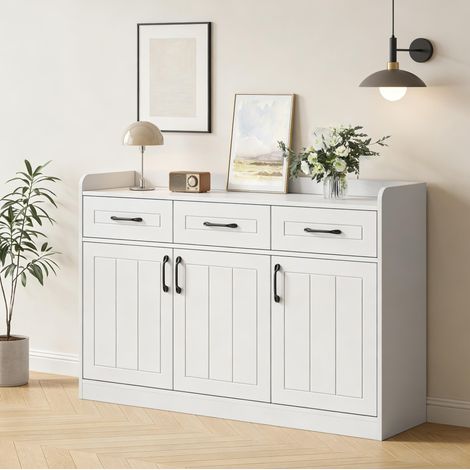 Aparador de 120 x 35 x 80 cm con 3 cajones y 3 puertas, en aglomerado, blanco HAVRYA (1/5)