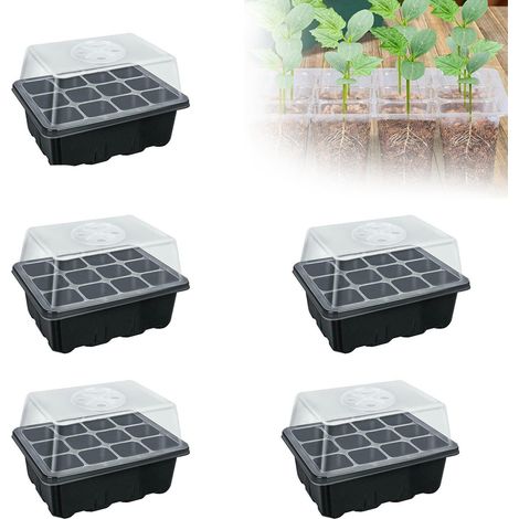 Anzuchtschale mit 12 Fächern für Garten oder Balkon: Wiederverwendbare Anzuchtschale mit transparentem Deckel, 18 x 14 x 21 cm, 5 Stück, Grün, Schwarz, Weiß (1/5)