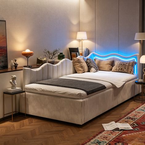 JOOKGBD–Divano Letto 90x200 cm,Letto Singolo Imbottito,LED,Contenitore Idraulico,Rete a Doghe,Letto a Scomparsa,per Ospiti e Adolescenti,Beige