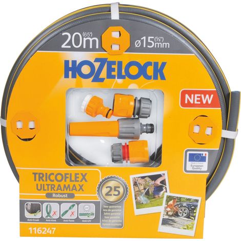 Hozelock – Tuyau d'arrosage Tricoflex Ultramax 20m – Anti-torsion diamètre 15mm – 5 couches – Raccords Aquastop et robinet inclus