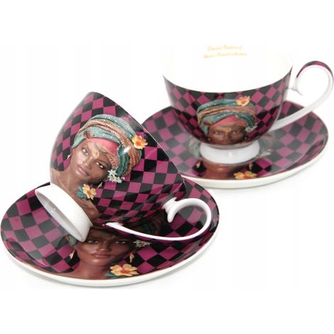 Juego de tazas de porcelana para café o té, 2 x 250 ml, color morado, con diseño de mujer. (1/5)