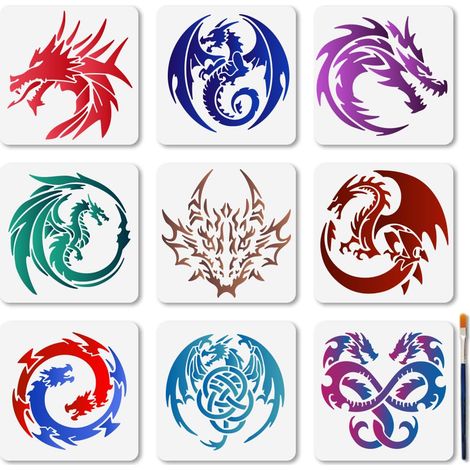 9Pcs Pochoir Dragon Volant 15×15cm Réutilisable D'Animaux Sauvages Pochoir pour peinture Modèles de Dessin avec Pinceau pour Décoration Murale en Bois Cadeau de Maison (1/5)