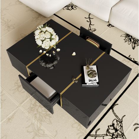 DESMIU Table basse rectangulaire avec 2 tiroirs, finition brillante, en MDF, noir, 100 × 60 × 41,5 cm (1/5)