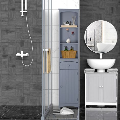 Armario Alto de Baño Estrecho con 1 Cajón y 3 Estantes Abiertos Estilo Moderno 34x24x170 cm Gris (1/5)