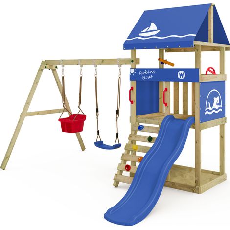 Wickey – Tour de jeu en bois avec toboggan ondulé et double balançoire – Hauteur plateforme 90 cm – Bac à sable intégré – 10 ans de garantie