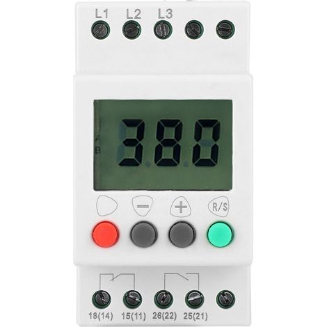 Dreiphasen-Spannungsüberwachungsrelais mit LCD-Anzeige und Schutz gegen Überspannung und Phasenfolge.
