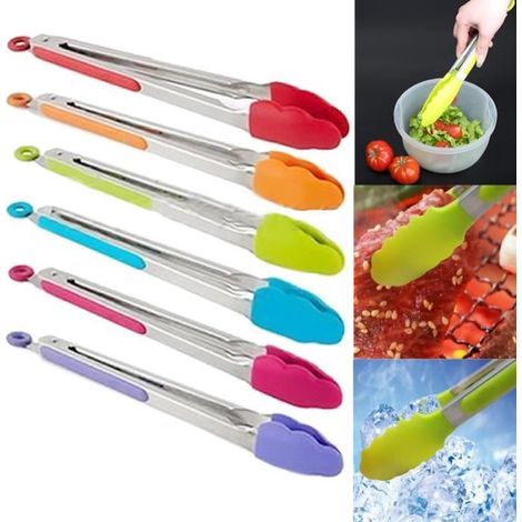 2 pinces cuisine en silicone et acier inoxydable, poignées ergonomiques, résistantes à la chaleur, idéales pour barbecue, salade et préparation alimentaire