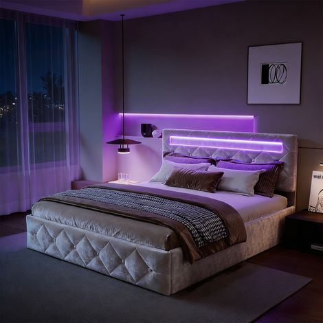Lit coffre double adulte 160x200 cm avec tête de lit réglable, rangement hydraulique, éclairage LED, ports USB, velours beige (1/5)