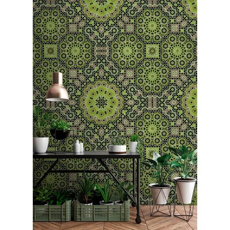 Papier peint panoramique oriental vert | Tapisserie panoramique motif originale idéale cuisine | Papier peint panoramique pour cage d'escalier - 270 x 400 cm (4 pièces) (1/5)
