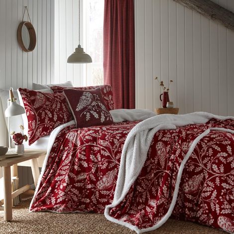 Housse de Couette en Polaire Motif Hibou Rouge Lit Double 200 x 200 cm Polaire Douce et Confortable Literie des Bois Parure de lit Rouge Bordeaux avec Animaux