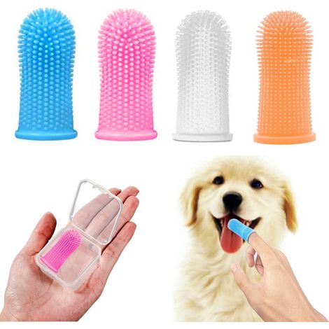 Brosse à dents pour chien, kit de brosse digitale (lot de 4), poils enveloppés intégralement, nettoyage facile des dents, soin bucco-dentaire pour chiots, chats et petits animaux (1/5)