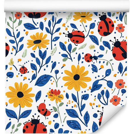 Papier peint coccinelles blanc et bleu pour salon et chambre 50x1000 cm (1/5)