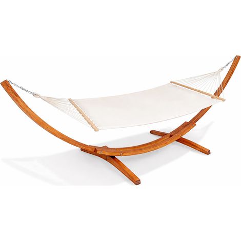 Amaca Doppia XXL Con Struttura Portante In Legno Per Due Persone Lettino Sospeso Da Esterno Ideale Per Giardino Terrazza Patio Bordo Piscina Relax Comfort Portata 200 Kg 415 x 120 x 124 Cm Beige (1/5)