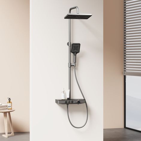 EMKE Duschsystem mit Thermostat & Kindersicherung, 30cm Regenduschkopf mit 3-Funktionen Handbrause, Anthrazit
