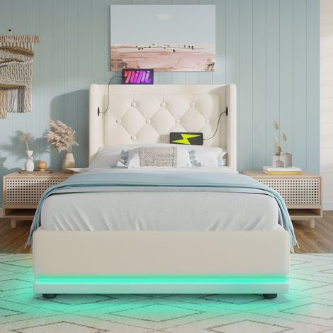Lit coffre simple 90 x 200 cm en similicuir blanc avec tête de lit capitonnée, led 3 côtés et port usb type-c (sans matelas) (1/5)