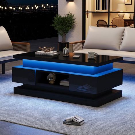 Table basse 100x50x40, noir laqué table basse salon, plateau relevable, rangement intégré, 2 tiroirs, LED intégrées (1/5)