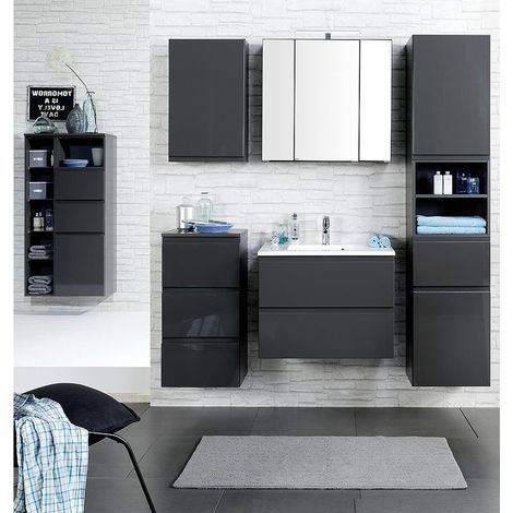 Badmöbel Set COMO-03, 6-teilig inkl. Midischrank, Hochglanz grau, 60cm Waschtisch (1/5)