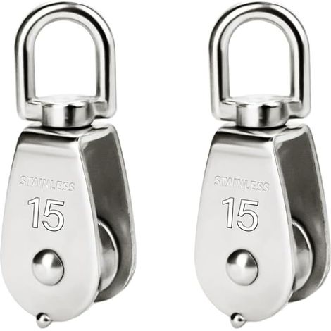 Single Pulley, 2 Pieces M15 304 Stainless Steel Single Pulley, Swivel Roller, for Metal Cables from 3 to 8 mm Load Capacity 35 kg (1/5)