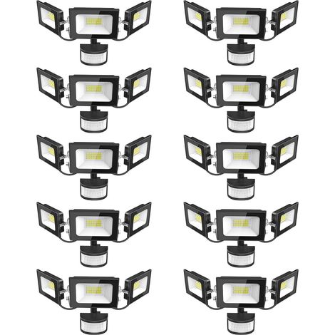 Projecteur LED Détecteur de Movement - 100W 10000LM Ultra Lumineux 3 Tête Spot LED Extérieur, IP65 Etanche Éclairage de Sécurité Extérieur PIR pour Cour Porche Jardin Garage, 10 Pack