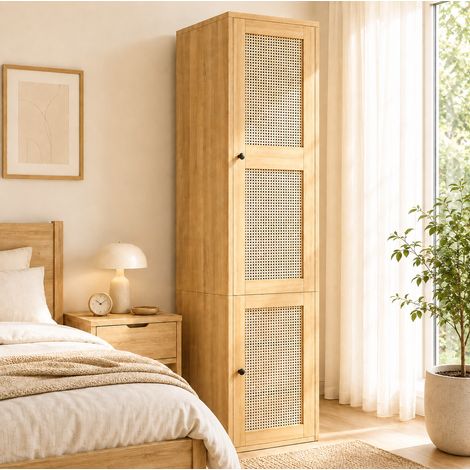 MODFU – Armoire 45x47x200 cm MDF/rotin – 1 porte, penderie et 3 tiroirs – Charge 30/20 kg – Chambre – Chêne (1/5)