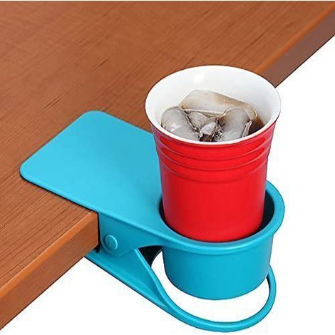 Porte-gobelet innovant avec pince - Bleu - Se fixe aux tables, bureaux, chaises, étagères et comptoirs. Gardez votre boisson, votre smartphone ou tout autre petit objet en sécurité et à l'abri. (1/5)