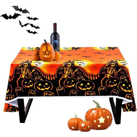 Nappe d'Halloween, nappe 137 x 274 cm, décoration d'Halloween, nappe citrouille effrayante, nappe rectangulaire, nappe squelette d'Halloween, Wat (1/5)
