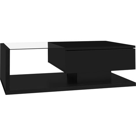 Mesa de centro negra brillo alto con cristal y LED, 105 x 55 x 32,5 cm (1/5)
