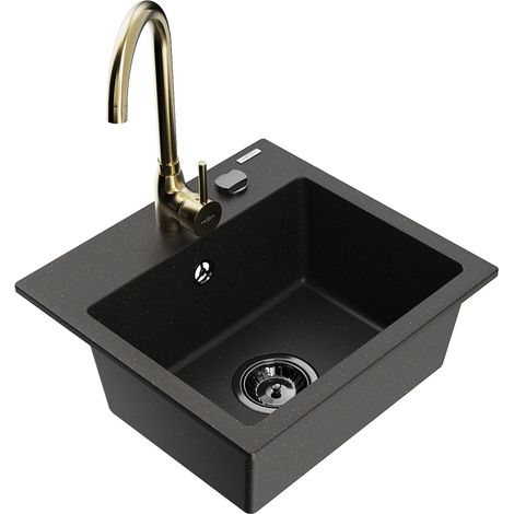 Mexen Milo 1-Becken-Granit-Spüle mit Mischbatterie Telma, Schwarz/Gold - 6505-75-670200-50-B (1/5)