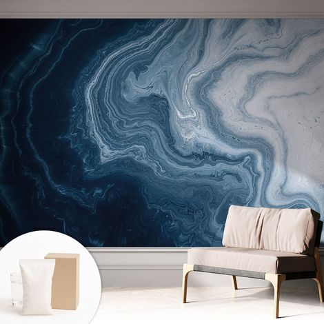 Papier peint intissé mural avec colle pour salon et chambre Décoration murale rapide - Colle incluse gratuite Vagues bleues 312x219 cm (1/5)