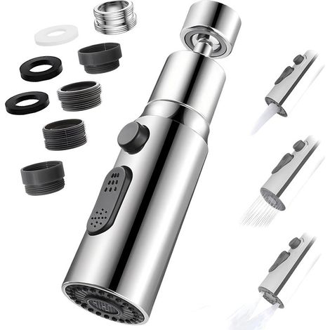 Wasserhahn-Luftsprudler, 360° schwenkbarer Küchenarmatur-Düsenaufsatz mit 3 Strahlarten, wassersparender Wasserhahn-Luftsprudler, wassersparender Adapter für Badezimmer-Waschtischarmatur (Silber) (1/5)