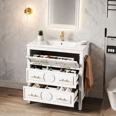 Meuble lavabo rétro blanc 3 tiroirs avec vasque en céramique (1/5)
