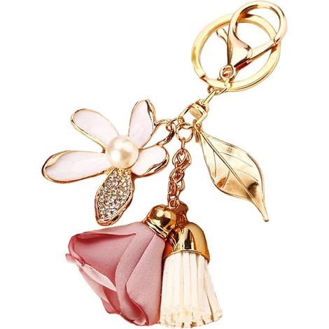 Porte-clés fleur, strass, pompon, feuille, pendentif pour portefeuille ou sac femme (1/5)