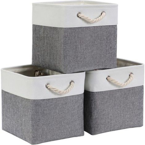 Cube de rangement pliable 33×33×33 cm - lot de 3, lin & non-tissé, cadre métal (blanc et gris) (1/5)