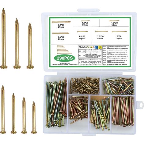 290 Pcs Clou Béton Doré, Clous à Tête Plate Acier 7 Tailles Maçonnerie (1/5)