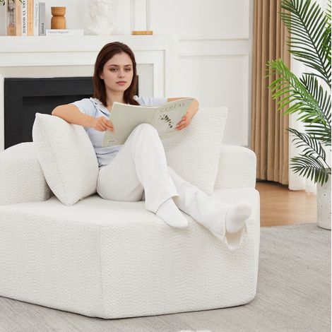 Fauteuil modulable hexagonal en chenille beige, 1 place, avec 3 coussins OKMYHOME (1/5)