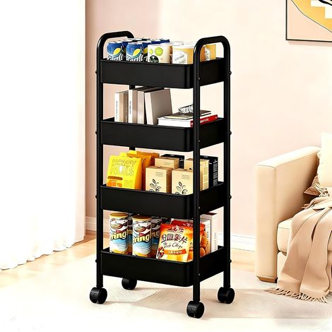 Chariot de Rangement en métal à 4 Niveaux sur roulettes, Cuisine Chariot de Rangement Multifonctionnel pour Bureau, Salon, la Salle de Bain, 40 30 102cm, Noir (1/5)