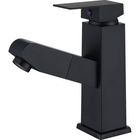 Black Basin Mixer Tap with Pull-Out Spray Head, Single Lever Bathroom Faucet in Stainless Steel (1/5)