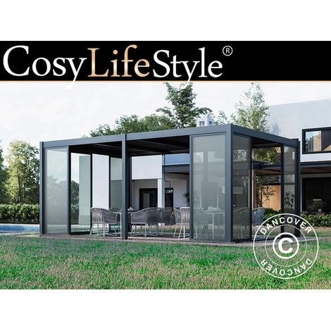 Bioclimatic pergola gazebo San Pablo Alu+ w/sliding doors, 4x5.8 m, Black - Dancover