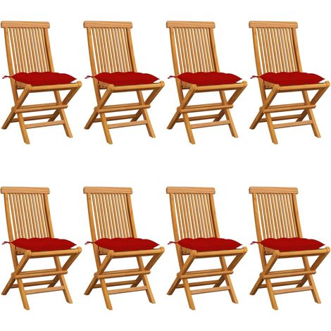 Teenpull – Gartenstühle mit Roten Kissen 8 Stk. Massivholz Teak (1/5)