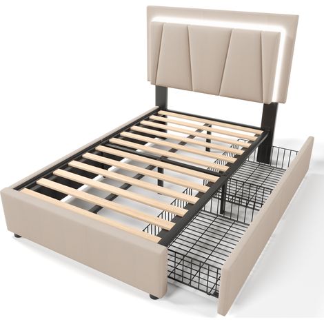 Cama con cajones 90x200 cm con LED y 2 cajones, cabecero ajustable, beige HOMVRA (1/5)