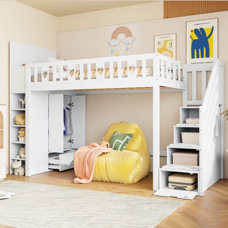 Cama altillo infantil de 90x200 cm con escalera de almacenamiento, estantes, armario, 1 cajón, barandilla de seguridad, sin colchón, blanco (1/5)