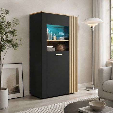 Buffet LED 16 couleurs avec porte en verre 80x40x146 cm noir et bois panneaux de bois FloraGrace (1/5)