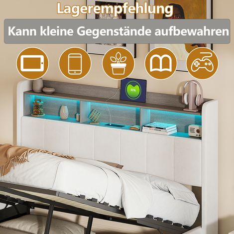 Lit coffre 140x190,lit 140x190 avec sommier, Velours blanc - USB intégré - LED - 3 compartiments de rangement