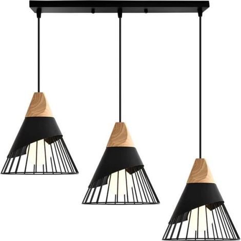 Suspension 3 Douille Cage Métal et Bois Rétro Lustre Plafonnier Luminaire Salle à Manger Chambre Salon Noir - Yote