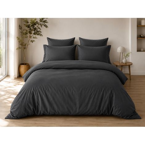 Parure de Lit Complète 240 x 220 cm Anthracite - 100% Coton 57 Fils - Drap-Housse 140x190 + 4 Taies (1/5)
