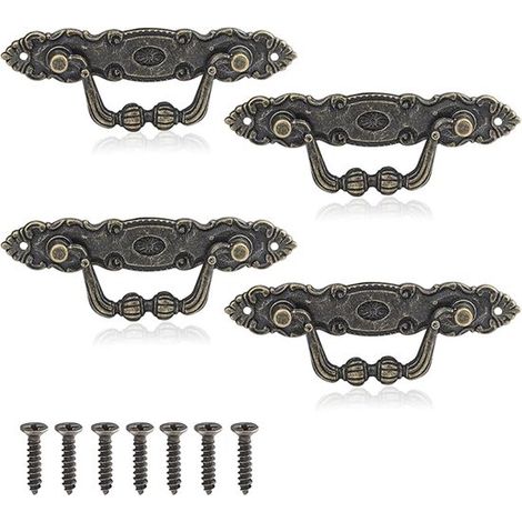 Quatre poignées de meubles vintage, en alliage de bronze-zinc et équipées de huit vis, convenant à la décoration de meubles d'armoires et de tiroirs. (1/5)