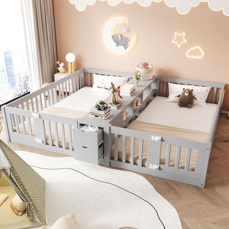 Letto doppio per bambini 90x200 cm grigio in legno con cassetti, ripiani e sponde di sicurezza (1/5)