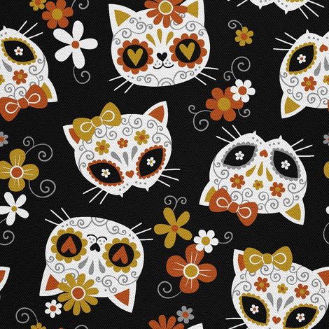 Tissu d'extérieur décoratif Oxford - Motif crâne de chat fleuri I DX591 (1/5)